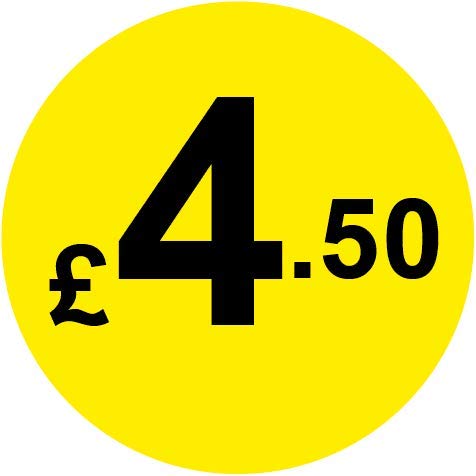 Permanent Adhesive - Black & Yellow 30mm Price Stickers/Labels from 10p to £5.25, 1000, £4.50 — image 1