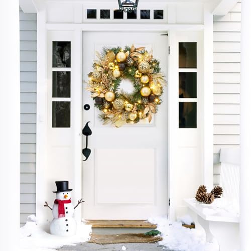 22 Inch Artificial Christmas Wreath, Pre-Lit Lighted Christmas Wreath with Ball Ornaments, Golden Leaves, Pine Needles, Winter Xmas Wreath with Timer for Door Window Fireplace