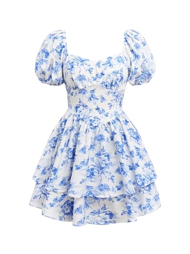 Girl's Floral Summer Dress Layer Ruffle Sweetheart Neck Short Puff Sleeve A Line Casual Dress