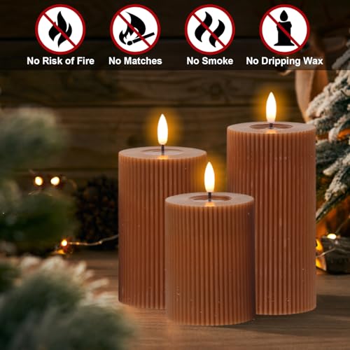Image of Battery Operated Flameless Candles with 6 Hour Timer 3 Pack Real Wax Vertical Stripe 3D Wick Flickering LED Pillar Candles Dinner Wedding Christmas Holiday Decor(Brown, 3 inch D x 5 inch, 6 inch, 7 inch H)
