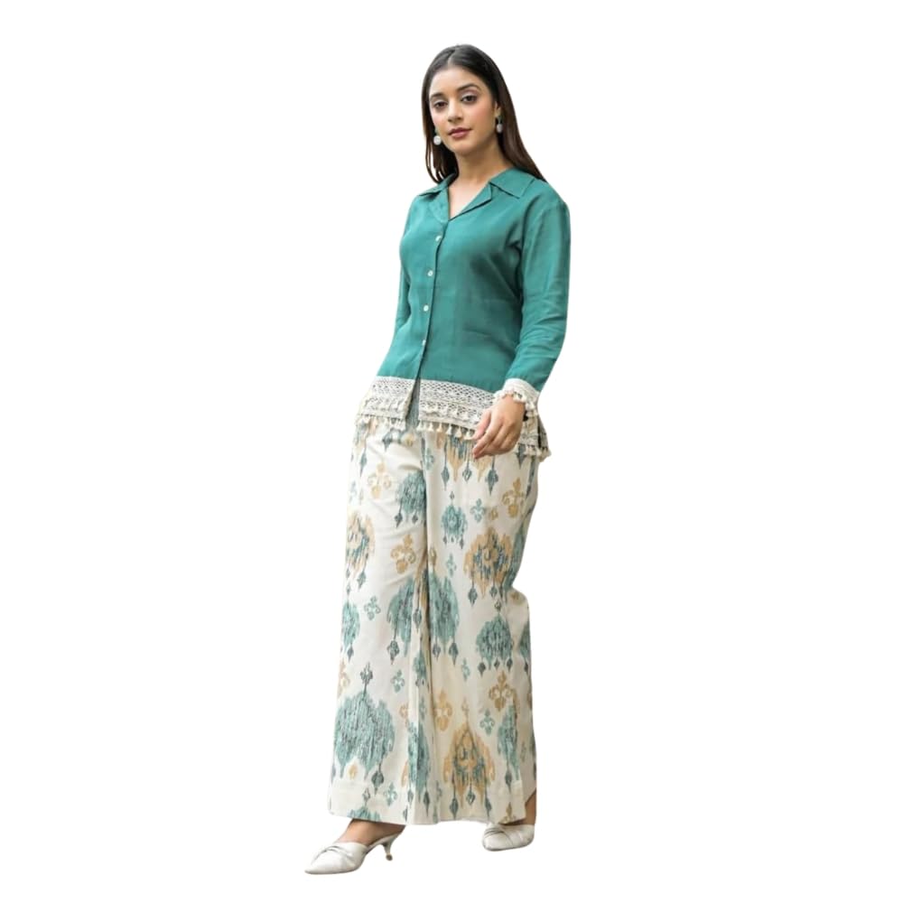 Elegant Cotton Shirt with Printed Wide-Leg Palazzo Pants – Women’s Co-Ord Set-image-37