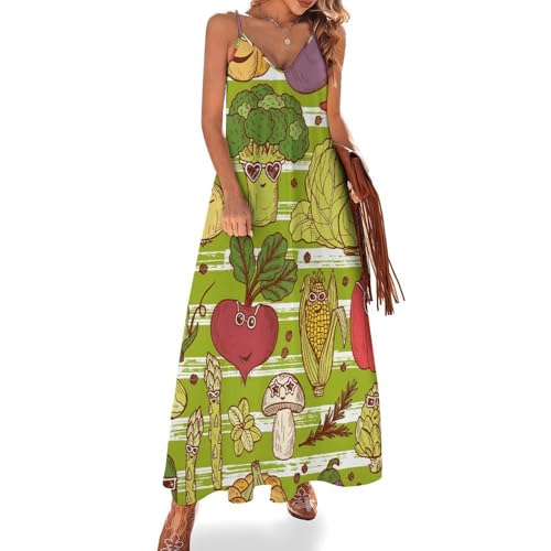 Robe longue d'été légère sans manches style légumes pour femme