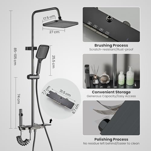 Kinhoou Enhanced Shower Riser Rail Kit Contemporary Thermostatic Mixer with Dual Heads Adjustable Square Overhead Rainfall and Handheld Dispenser for Bathroom - Image 2