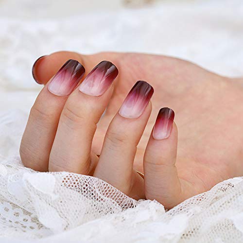 Woeoe Glossy Square Fake Nails Red Medium Long Ombre Press on Nail Art Full Cover Acrylic False Nails for Women and Girls (Pack of 24)