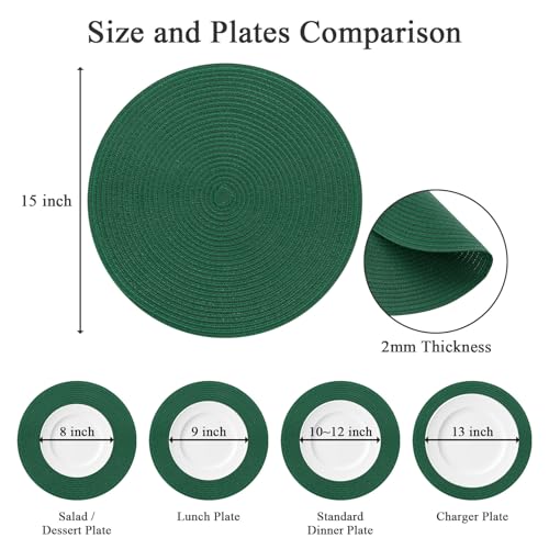 Image of SHACOS Dark Green Round Placemats Set of 6 Cotton Polyester Braided 15 inch Washable Kitchen Dining Table Place Mats Christmas Table Mats for Home Wedding Party Decor