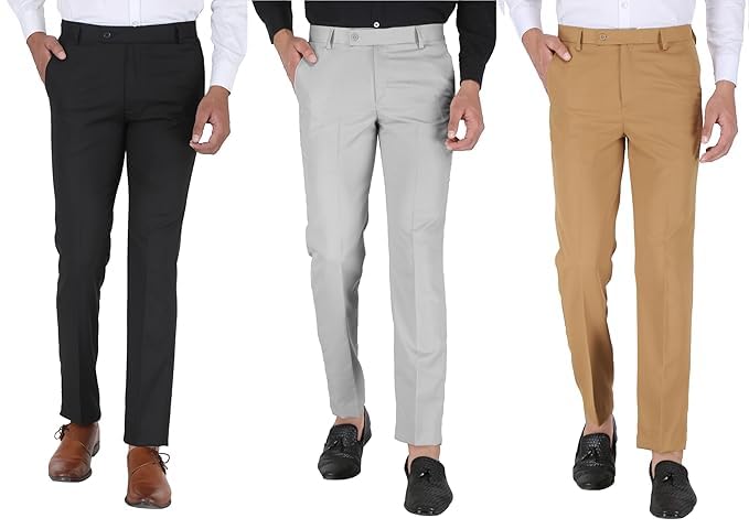 Formal Pant for Men. Regular Fit, Lightweight, Flat Front, Premium Cotton Polyester Blend Fabric. Office, Party and Casual Wear, Pack of 3.