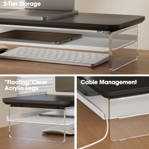 Image of Fenge 23.6 inch Dual Monitor Stand with Clear Acrylic Legs, Black | Clear Acrylic, Storage Compartment, 2-tier Home Office Monitor Riser, Desktop Shelf Fit Monitor /Laptop /Printer