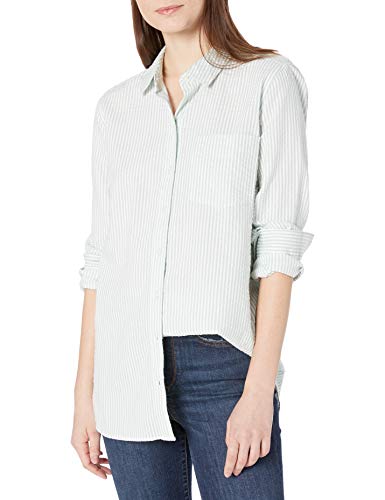 Amazon Brand - Goodthreads Women's Seersucker Long Sleeve Button Front Tunic Shirt, Mint Green/White Stripe, XX-Large