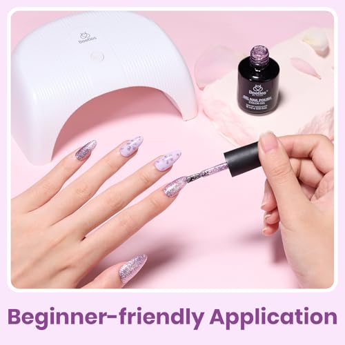 Image of Beetles Purple Gel Nail Polish - 15ml Purple Glitter Gel Polish Soak Off UV LED Shimmer Rose Quartz Glow Color Nail Art Long Lasting Glossy Salon and DIY Nail Manicure Spring Gift for Women