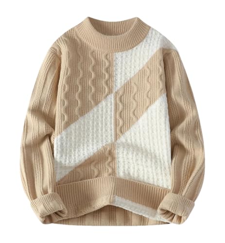 Men's Winter Casual Loose Pullover Long Sleeve Crewneck Patchwork Knitted Sweater