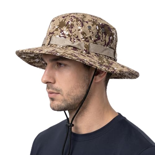 Image of Kraptick Wide Brim Sun Hat for Men - Outdoor Tactical Boonie Hat with Adjustable Chin Strap, Breathable Trekking Cap for Hiking, Fishing, Safari & Jungle Adventures