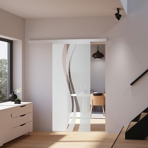 inova Schulte Porte coulissante intérieure en Verre, 88 x 203 cm, Verre de sécurité, Porte vitrée, décor Vagues - Poignée Ronde + Softclose - kit Complet
