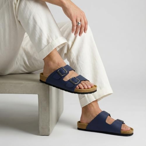 Image of CUSHIONAIRE Lane Cork Footbed Mens Sandals, Adjustable Buckle Comfort Slides for Men, Genuine Leather Insole Summer Sandals Men Footwear