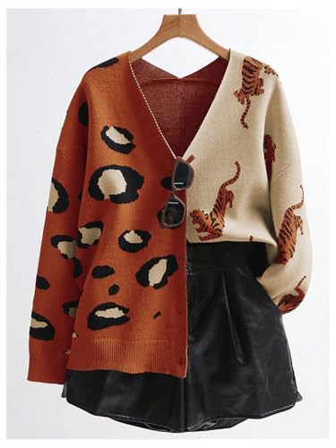 Image of WDIRARA Women's Leopard Tiger Print Cardigan V Neck Long Sleeve Color Block Button Down Sweater Outwear
