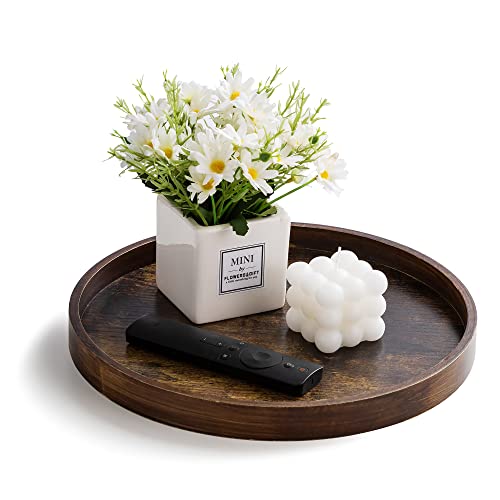Hanobe Decorative Coffee Table Tray: Brown Wood Tray Round Rustic Wooden Trays Circle Farmhouse Centerpiece Candle Holder for Home Decor Ottoman Counter Display Living Room Organizer 12" - Image 4