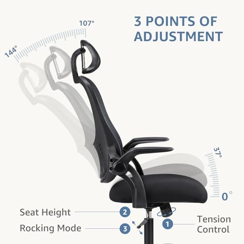 Image of DUMOS Ergonomic Office Chair - High Back Mesh Computer Chair with Lumbar Support, Headrest, Flip-up Arms, and Swivel Wheels - Comfortable Gaming & Desk Chair for Home Bedroom Office,Black