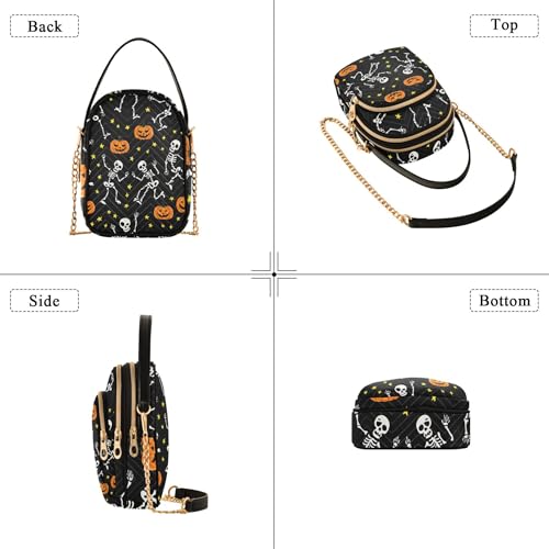 Woman Shoulder Handbag Artistic Cell Phone Purse Chain Strap Quilted Zipper Designer Bowler Tote Halloween Funny Skeletons Black4