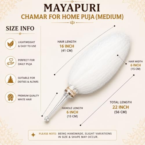 Image of Chawar Sahib for Home Puja | White Chaur /Chavar Sacred Fly Whisk with Metal Body | Traditional Chauri Fan for Deity Worship, Temple, Mandir & Aarti Rituals | 20 Inch Length | Pack of 1