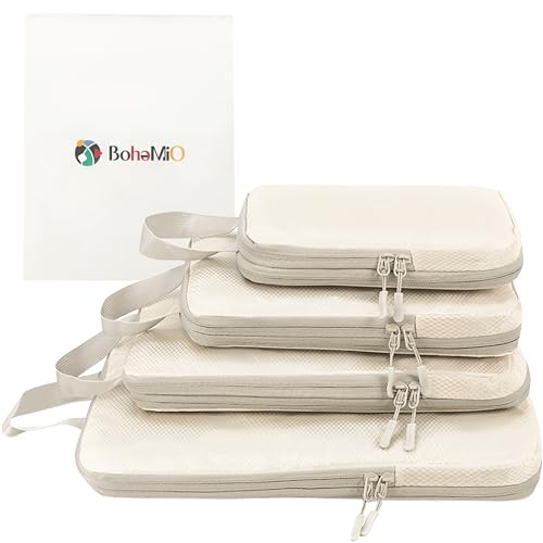 BohemiO 旅行用圧縮袋 トラベルポーチ 収納アドバイザー監修 4点セット ダブルファスナー 撥水加工 衣類収納 2Way【旅スリム】