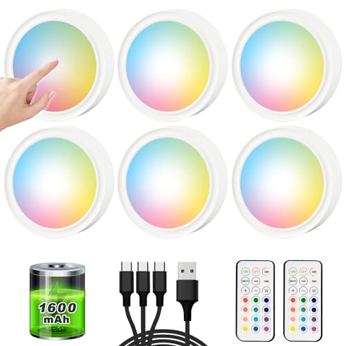 USB Rechargeable Closet Lighting Wireless Under Cabinet Lights Battery Operated with Remote Control, LED Puck Lights Magnetic Stick on Shelf Lighting Push Tap Touch Under Counter Light For Kitchen RGB
