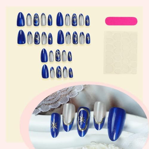 Image of Blue Nail Press ons Star Fake Nails with Gold Line Design Glitter Glue on Nails French Tip Stick on Nails Glossy Artificial Acrylic Medium Almond False Nails for Women Girls Shiny Manicure 24Pcs