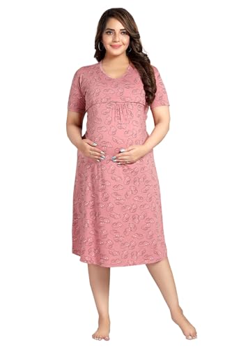 Image of Fabme Women's Above Knee Length Printed Pre and Post Pregnancy Pure Cotton Nursing Nightdress Nighty