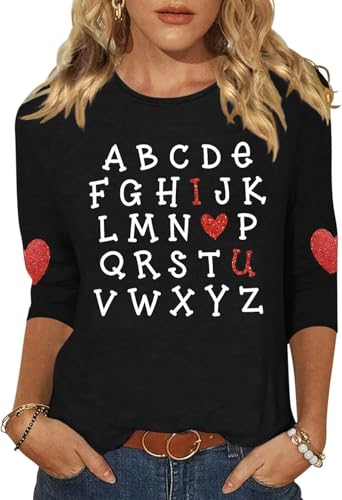Image of Women's Valentine 3 /4 Sleeve Round Neck Shirt Funny Love Heart Graphic Tee Casual Couple Top Blouse