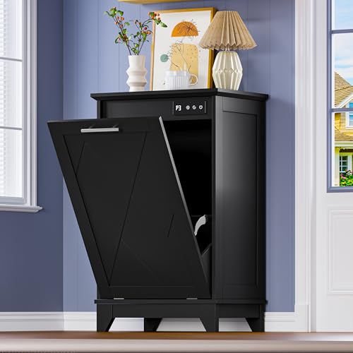 Image of BORNOON Tilt Out Trash Can Cabinet, Hidden Trash Can Cabinet with Odor Control, Negative Ion & Ozone, Wooden Laundry Hamper Cabinet, Single Trash Cabinet for Kitchen, Bathroom, Laundry Room, White