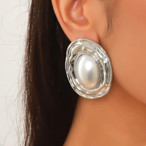 Vintage Pearl Earrings for Women Chunky Gold Geometric Oval Pearl Stud Earrings Exaggerated Textured Round Statement Earrings Trendy Jewelry Presents2