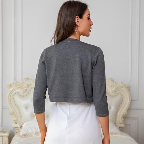 Image of Women's Cropped 3 /4 Sleeve Knit Cardigan - Open Front Bolero Shrug (Dark Gray-M)
