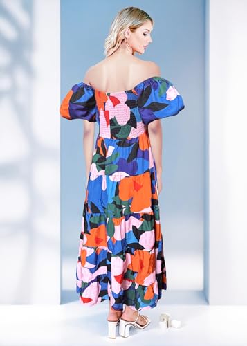 Image of GOLDSTITCH Women's 2026 Boho Floral Maxi Dress Puffy Short Sleeve Cutout V Neck Casual Long Beach Dress