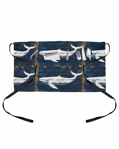 PIEPLE Blue Whale Server Apron Waitress Aprons with 3 Pockets, Coastal Ocean Vintage Wooden Grain Half Waist Waiter Aprons Restaurant Chef Aprons for Women Men