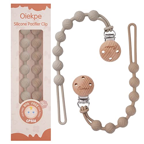 Image of Pacifier Clips for Baby Boys Girl - 100% Food Grade Silicone, One Piece Pacifier Clip Holder, Wooden Clips Design, Paci Clip Soothe Baby Binky Holder for Shower Birthday Gift(Sand+Linght Grey)