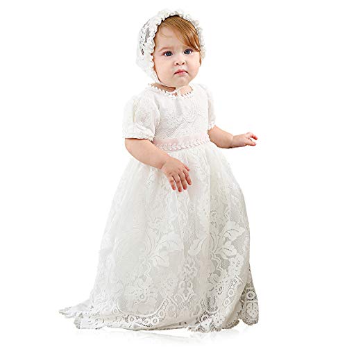 Slowera Baby Girls White Lace Dress Christening Baptism Gowns and Bonnet (Style3, 6-12 Months)