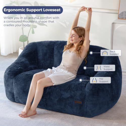 Image of MAXYOYO Bean Bag Chair, Comfy Bean Bag Sofa with Back Support, Loveseat Faux Fur Bean Bag Chair for Adults, Stuffed Floor Sofa for Living Room, Bedroom, Apartment, Navy
