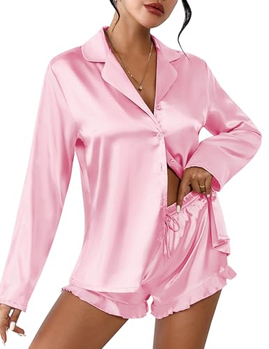 Image of Ekouaer Womens Satin Pajama Sets Cute Button Down Silk Pjs with Ruffle | Long Sleeve Top and Shorts, 2 Piece Sleepwear for Soft Sleep, Lounge, Wedding, Party, Bridal, Date Nights
