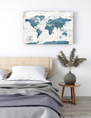 Image of IPIC - Vintage Teal World Map Canvas Wall Art, Push Pin World Map to Track Your Travels, Rustic Style Wall Decor for Home, Office, Living Room or RV, Ready to Hang, Made in USA