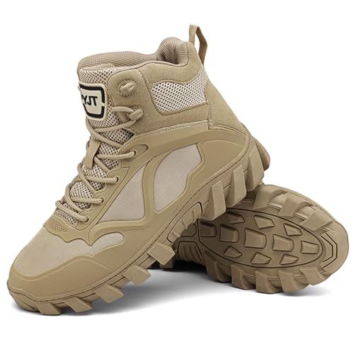 LDZDGD Botas de Combate Tácticas Militares, Impermeables, Transpirables, Que Absorben Los Golpes, Antideslizantes para el Trabajo, el Senderismo y el Servicio(Khaki,40 EU)