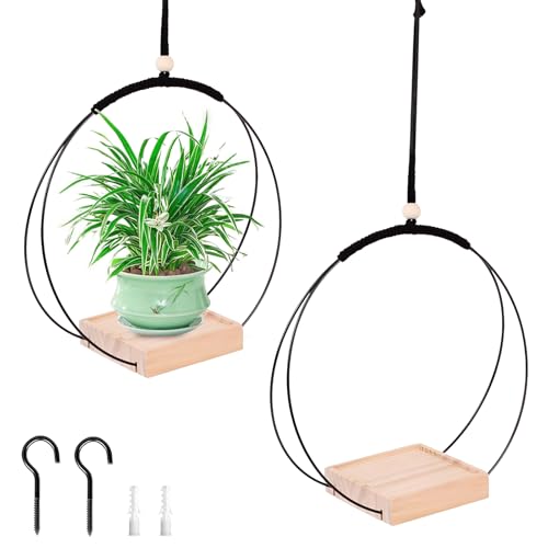Dulynva Blumenampel Hängend Innen, 2 Stück Hängeampel Mit Holzsockel , Moderne Boho Hängetopf für Pflanzen , Hängepflanzen Topf Schwarz, für Wände Decken Garten Balkon