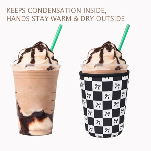 Image of Reusable Insulated Neoprene Iced Coffee Cup Sleeve, Durable Drink Sleeve for Cold Beverages, Beverage Holder for Iced Coffee, Black Checkered Bows