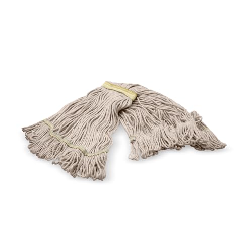 Image of SPARTA Flo-Pac Acrylic Mop Head, Loop-Ended, Narrow Band with 1 inch Yellow Band for Organized Cleaning, Small, Natural (Pack of 3)
