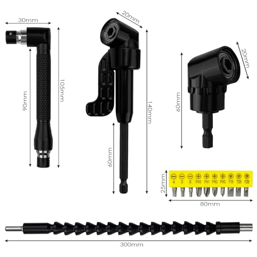 Dunkwckore Kit Trapano Mandrino Avvitatore Angolare 14 Pezzi - Prolunga, 105 Gradi Snodo, 1/4" Porta Inserti Per Punte Adattatore - 2