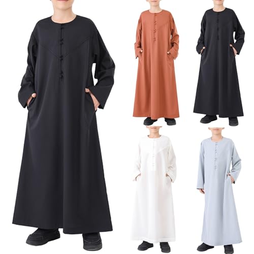 Arabic Thobe for Kids Boys Solid Long Sleeve Muslim Kaftan Robe Boys Crew Neck Button Islamic Thobe Prayer Clothes