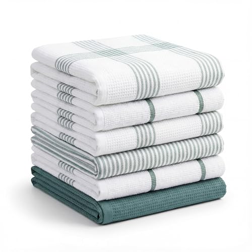 BOSKIMO Torchons Cuisine Coton Premium – Lot de 6 Chiffons Cuisine Microfibre et Éponge, Chiffons Coton Absorbants, Torchons Vaisselle