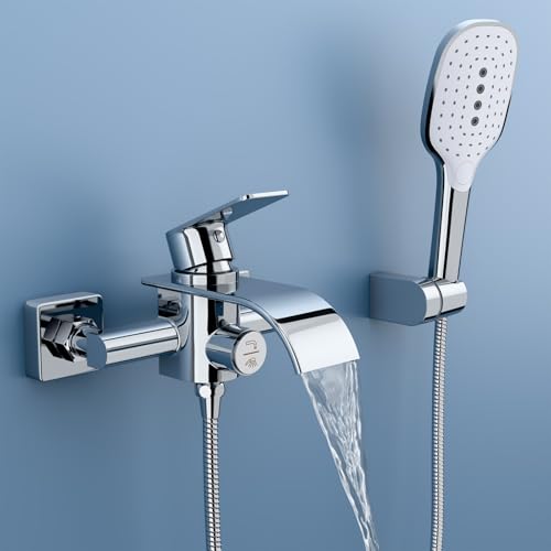 OTOmitra Robinet de baignoire avec douchette à main, robinet cascade, mitigeur en laiton avec 3 fonctions, robinet à une main avec bouton poussoir, robinet...