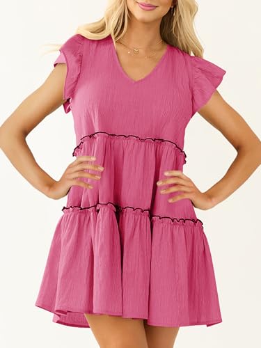 Image of Women's Summer Babydoll Mini Dress V Neck Tie Back Ruffle Sleeve Casual Tiered Loose Flowy Swing Tunic Shift Dress