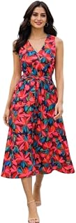 Leisureloom Women Floral Midi Dress | Sleeveless Fit and Flare Dress with V Neck and Tie Up Waist | Summer Casual and Vaca... Price In India