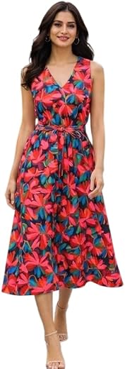 Leisureloom Women Floral Midi Dress | Sleeveless Fit and Flare Dress with V Neck and Tie Up Waist | Summer Casual and Vaca...