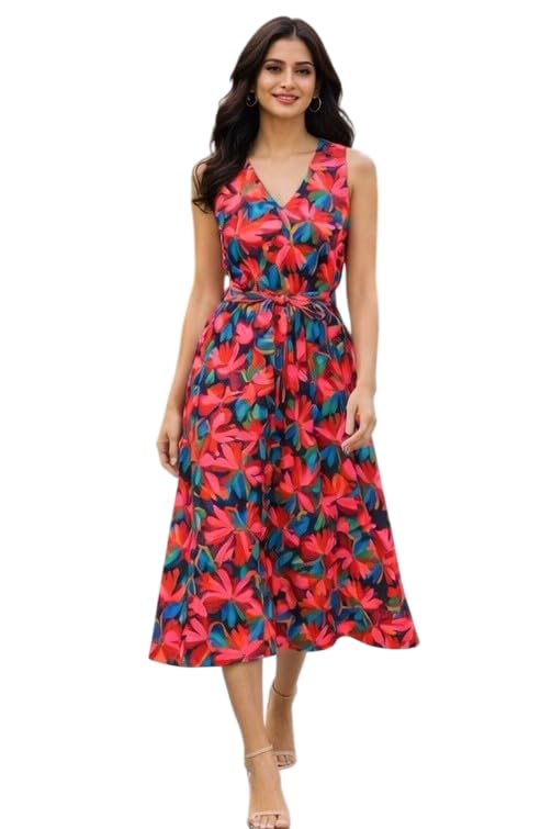 Leisureloom Women Floral Midi Dress | Sleeveless Fit and Flare Dress with V Neck and Tie Up Waist | Summer Casual and Vaca... - Review, Price and Buying Guide