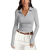 guolhuajin womens long sleeve v neck polo shirts business casual work shirt ribbed knit slim fitted pullover tops (small,gray)
